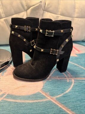 Valentino Rock-Studded Ankle Boots in Black Suede with Gold Studs